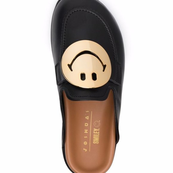 $700 JOSHUA SANDERS GOLD SMILEY-BUCKLE LEATHER SLIPPERS SLIDE BLACK 39 (TB20) - Picture 1 of 8